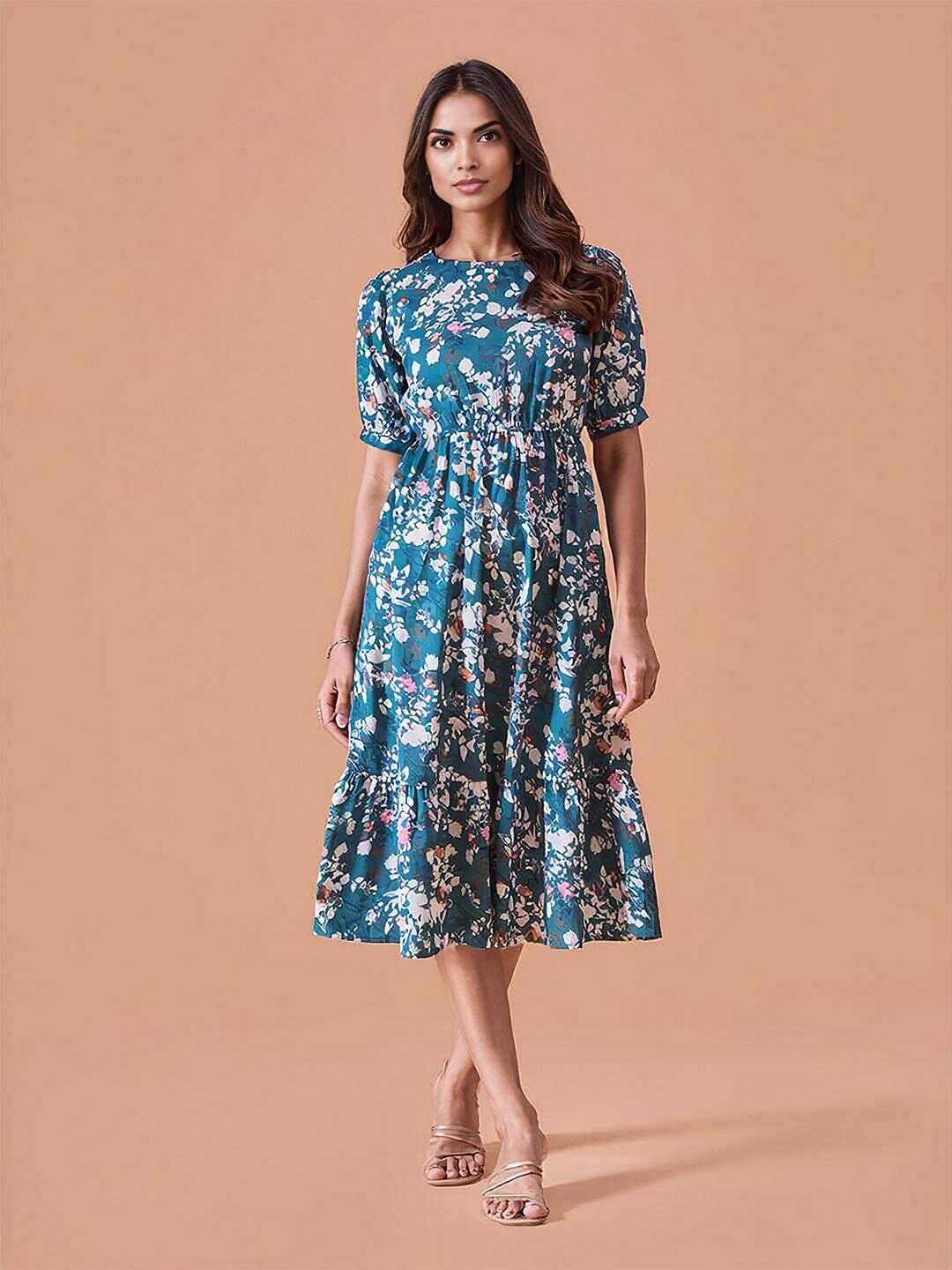 

DressBerry Floral Print Fit & Flare Midi Dress, Teal