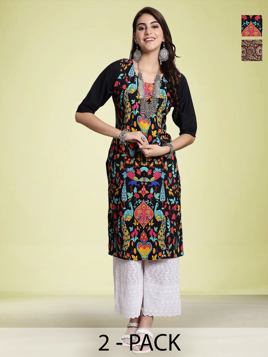 

Moda Rapido Selection Of 2 Floral Printed Round Neck Straight Kurtas, Black