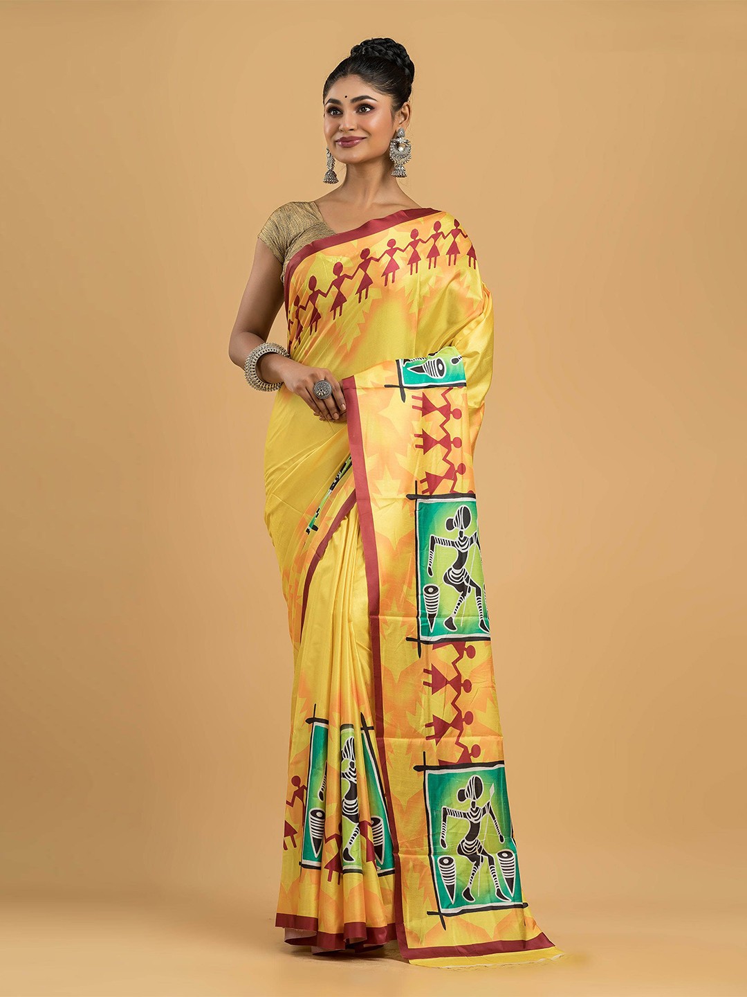 

Dheu Warli Block Print Saree, Yellow