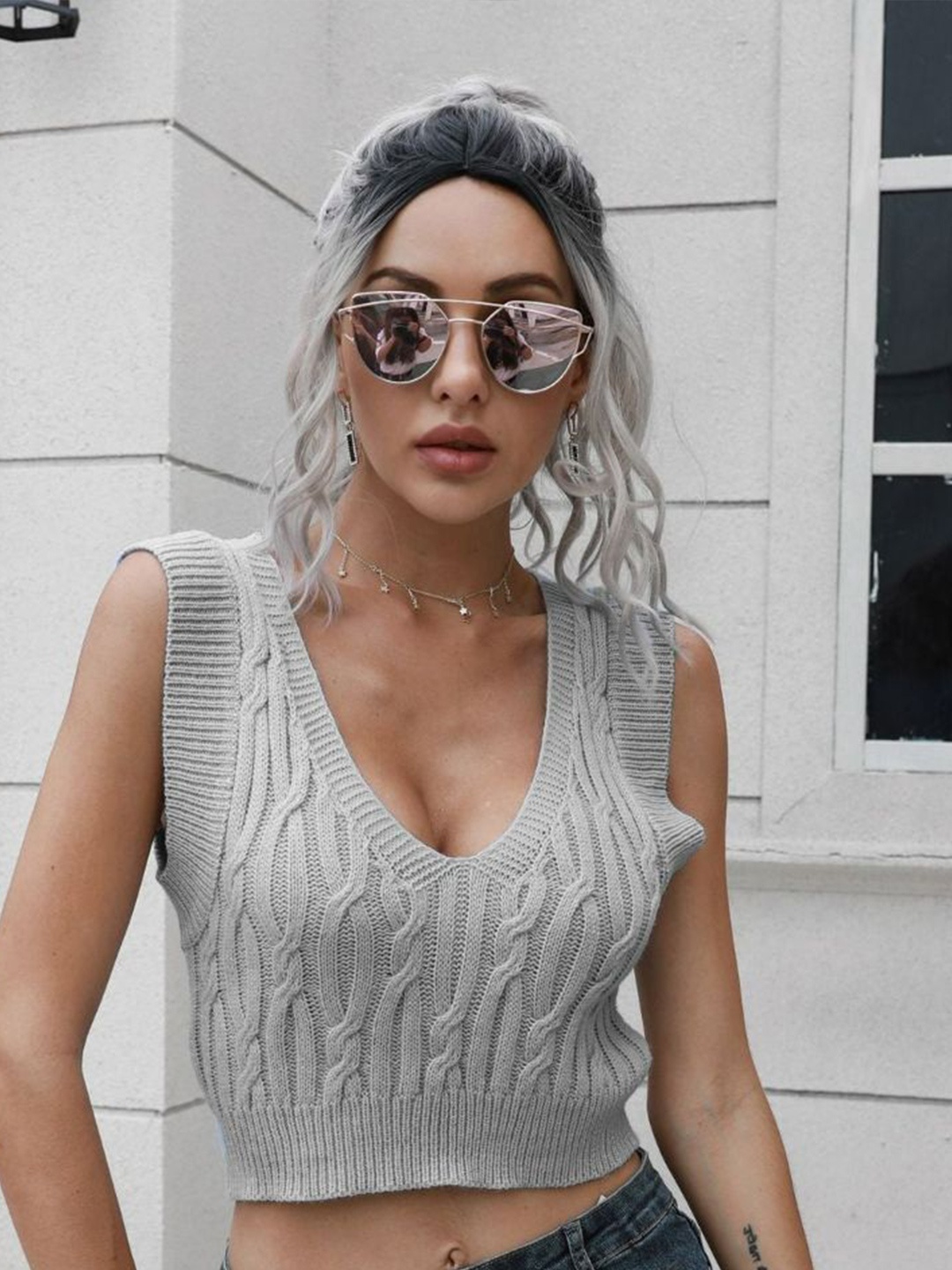 

Oh Rare Striped Wrap Crop Top, Grey