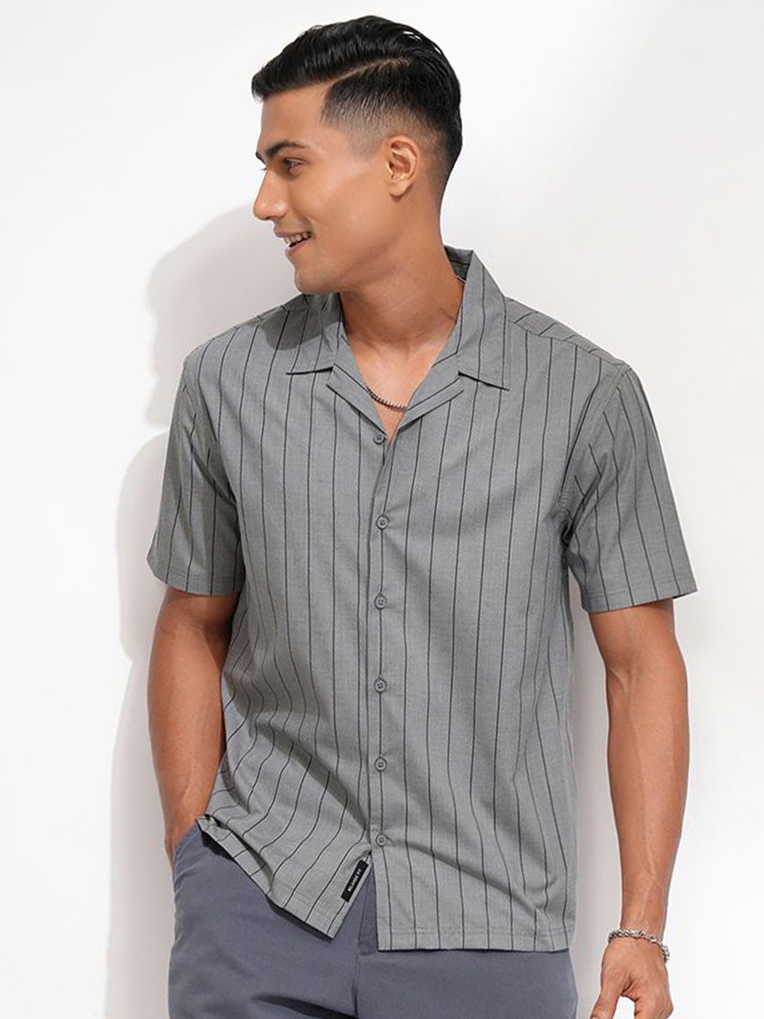 

Locomotive Men Printed Striped Cuban Collar Relaxed Shirt, Grey
