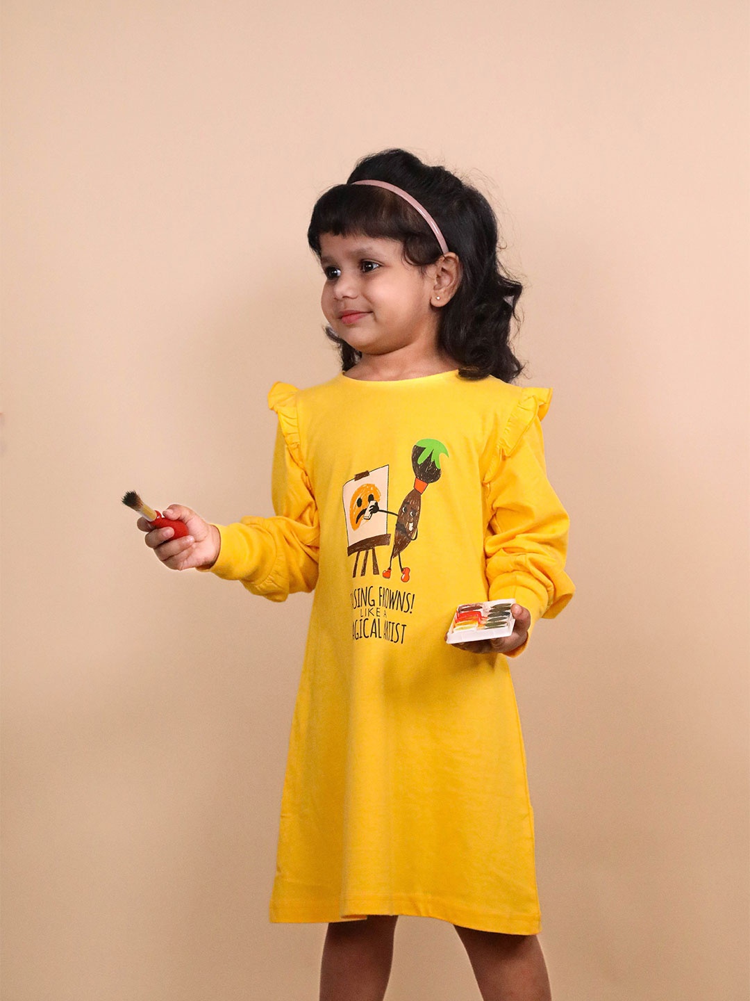 

Totle Girls Cotton Printed Cuff Sleeve T-shirt Dress, Yellow