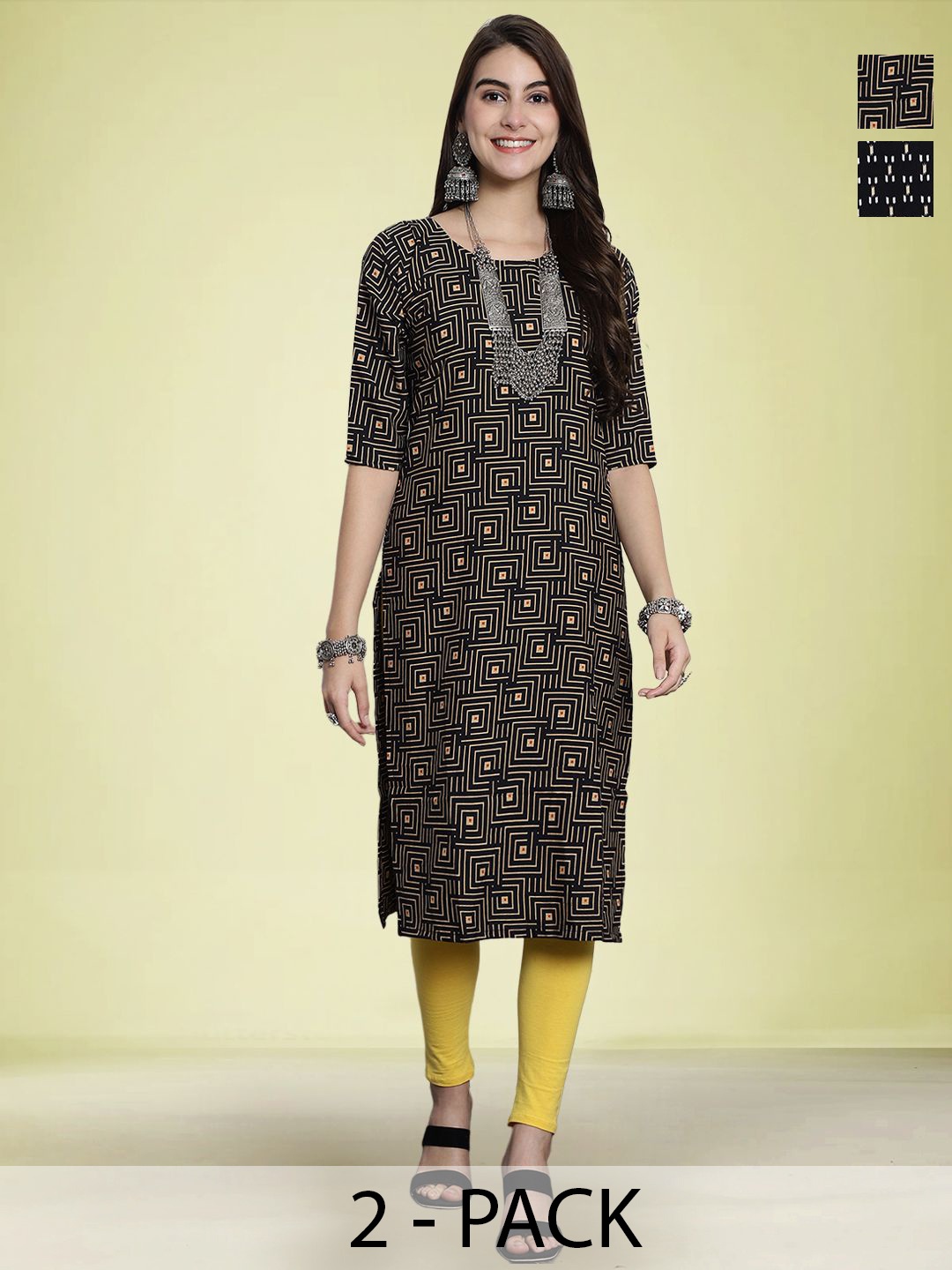 

Moda Rapido Women Pack Of 2 Printed Straight Kurta, Black