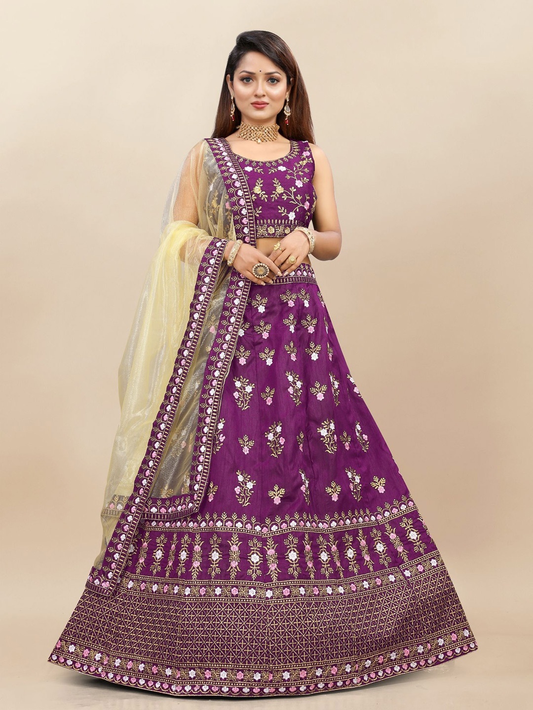 

A TO Z CART Embroidered Thread Work Semi-Stitched Lehenga & Unstitched Blouse With Dupatta, Purple