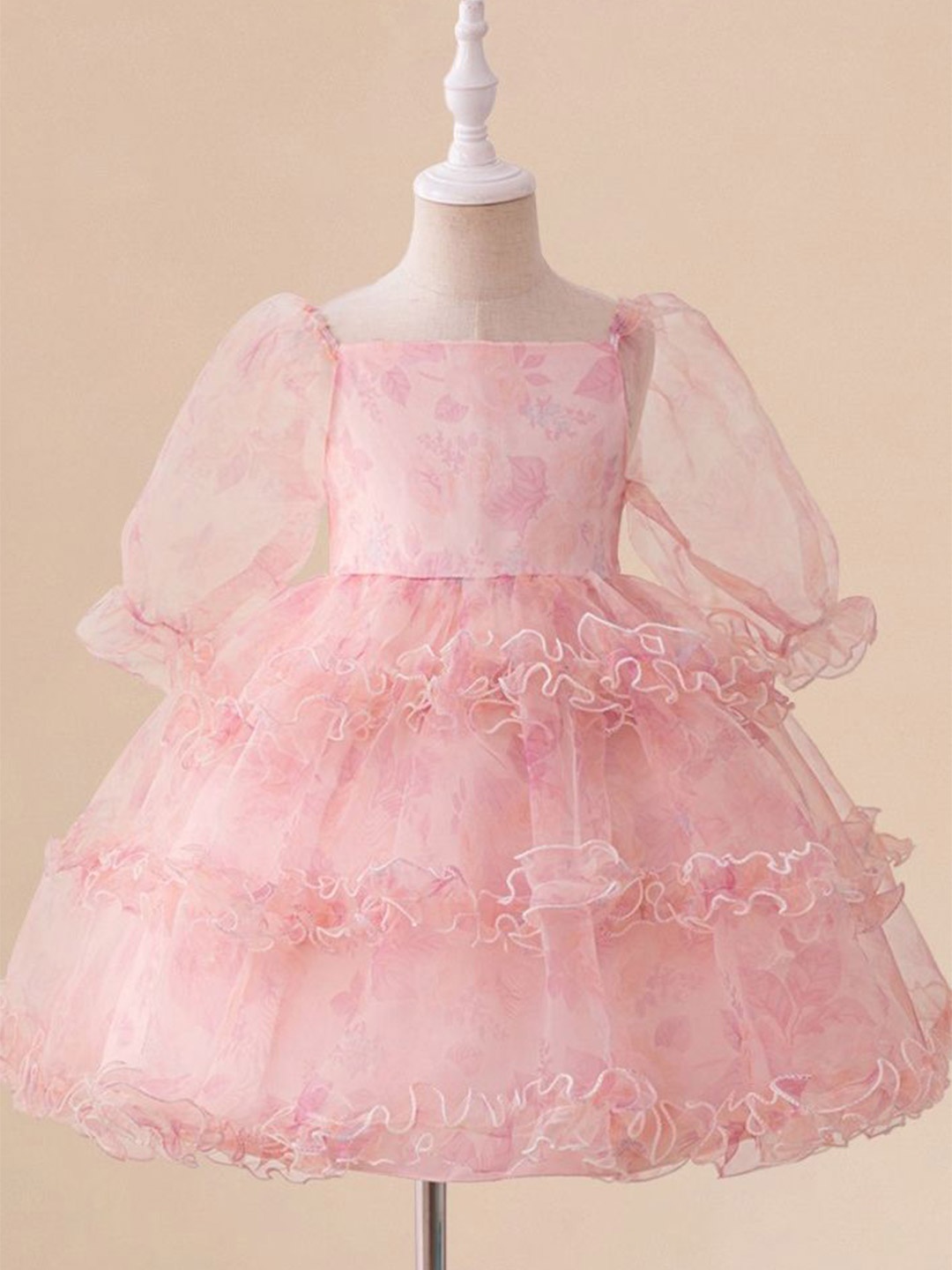 

LULU & SKY Girls Floral Printed Puff Sleeves Ruffled Fit & Flare Dress, Pink