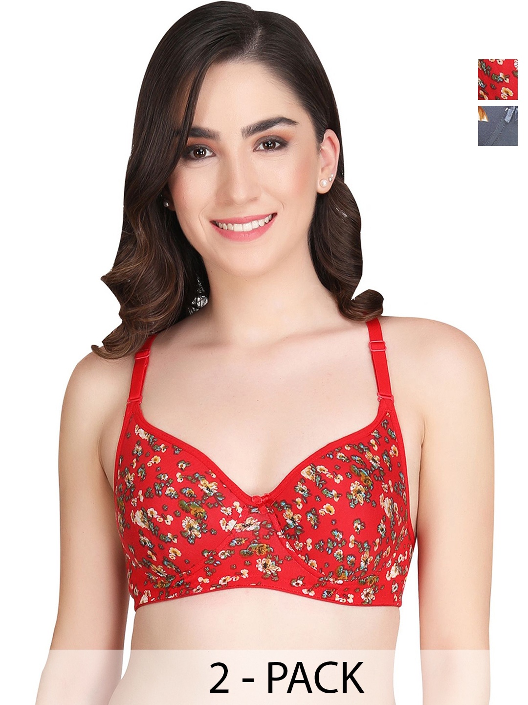 

Liigne Women Pack of 2 Floral Pure Cotton Full Coverage Lightly Padded Everyday Bra, Red