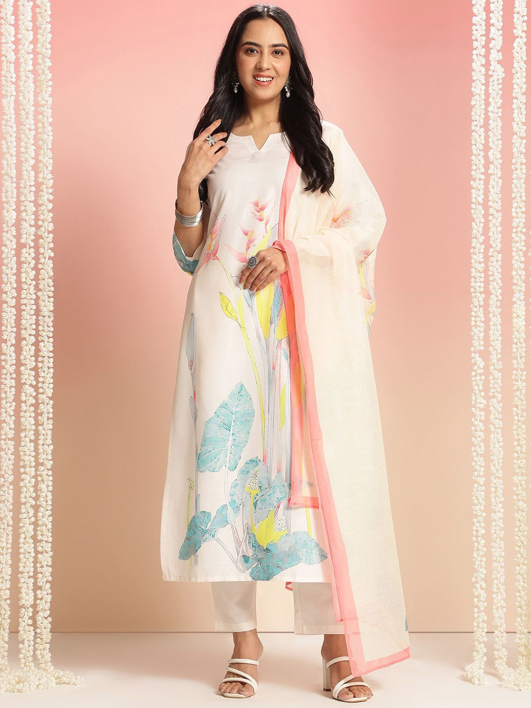 

GoSriKi Floral Printed Straight Kurta With Trouser And Dupatta, Beige