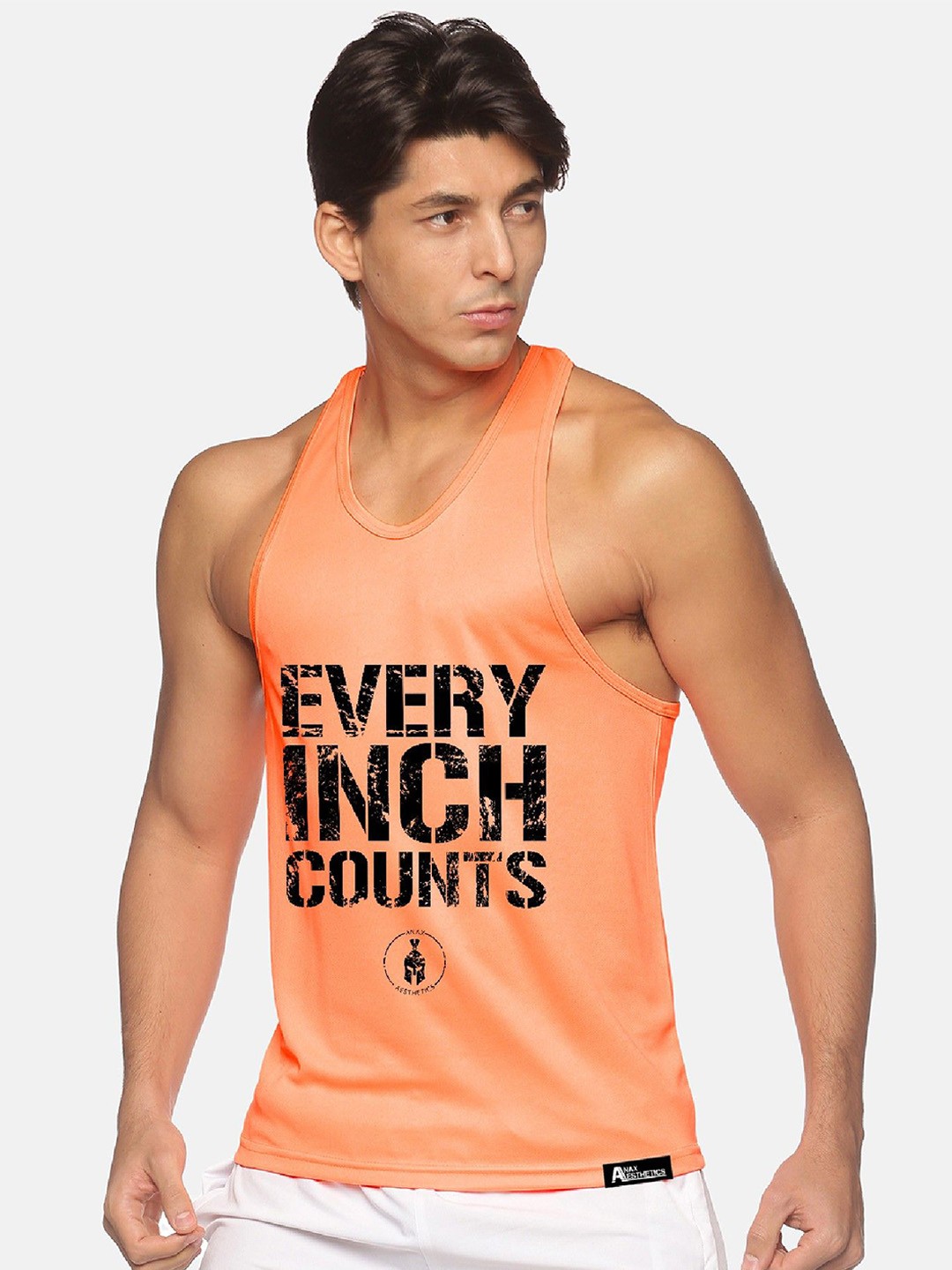 

Anax Aesthetics Men Polyester Dri-Fit Printed Sleeveless Sando Gym Vest Stringer Tank Top, Orange