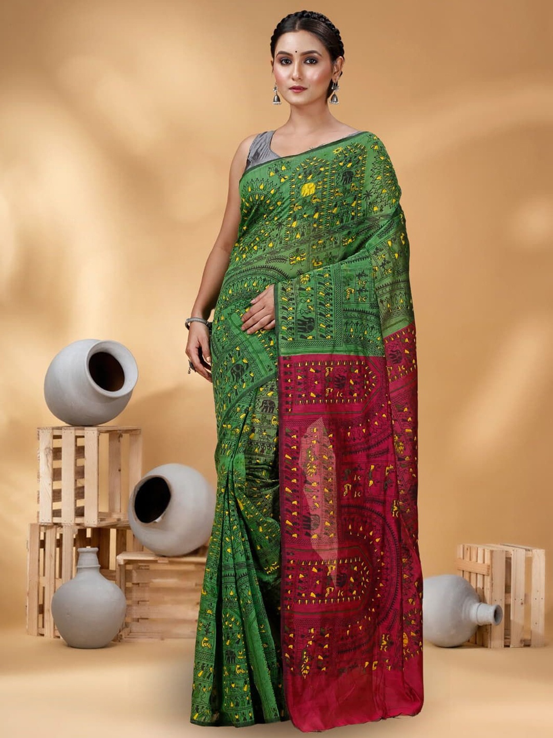 

T.J. SAREES Pure Cotton Madhubani Block Print Saree, Green