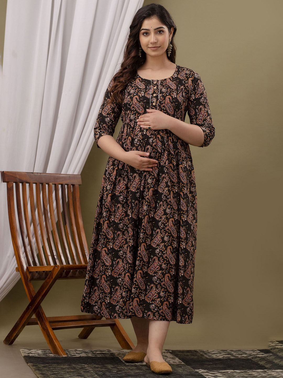 

UrbanRang Women Ethnic Printed Maternity Fit and Flare Midi Dress, Black