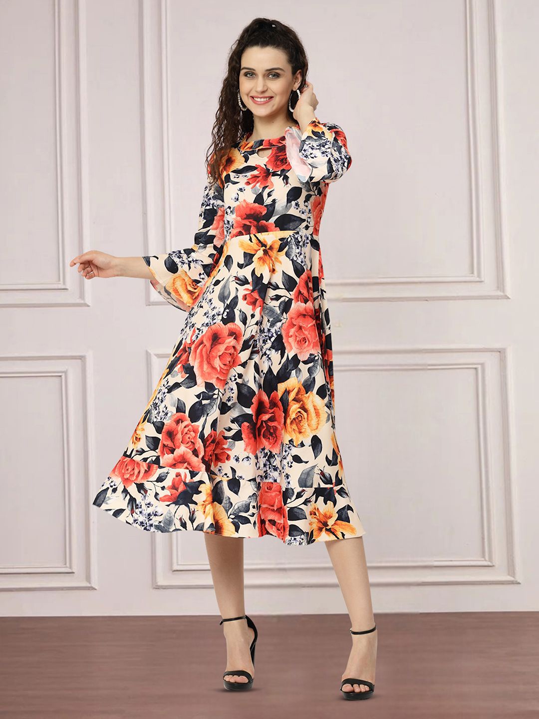 

MISS AYSE Floral Print Applique Fit & Flare Dress, Multi