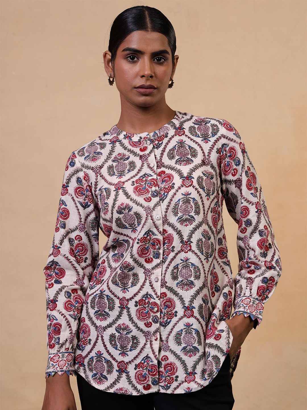 

Folk Song Women Mandarin Collar Printed Tunic, Off white