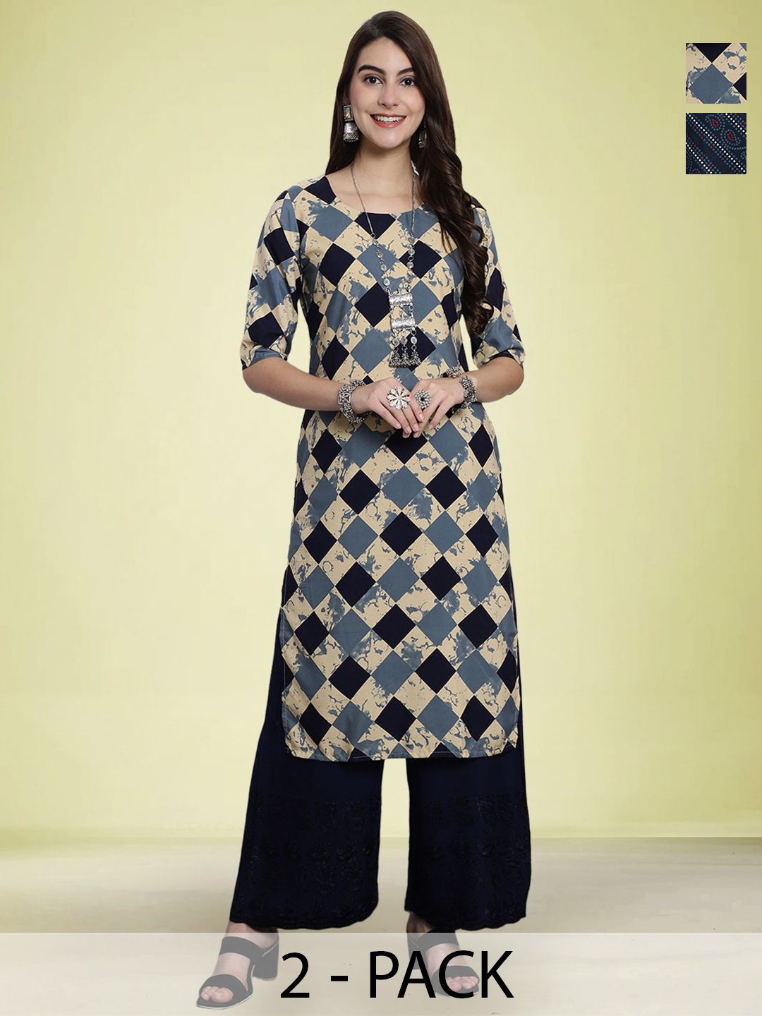 

Moda Rapido Selection Of 2 Geometric Printed Round Neck Straight Kurtas, Beige