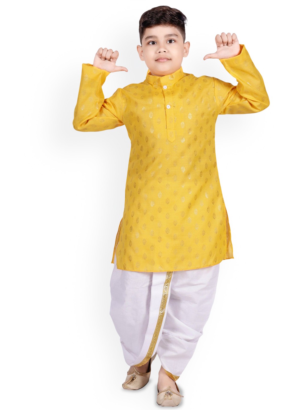 

BAESD Boys Ethnic Motifs Printed Mandarin Collar Straight Kurta With Dhoti, Yellow