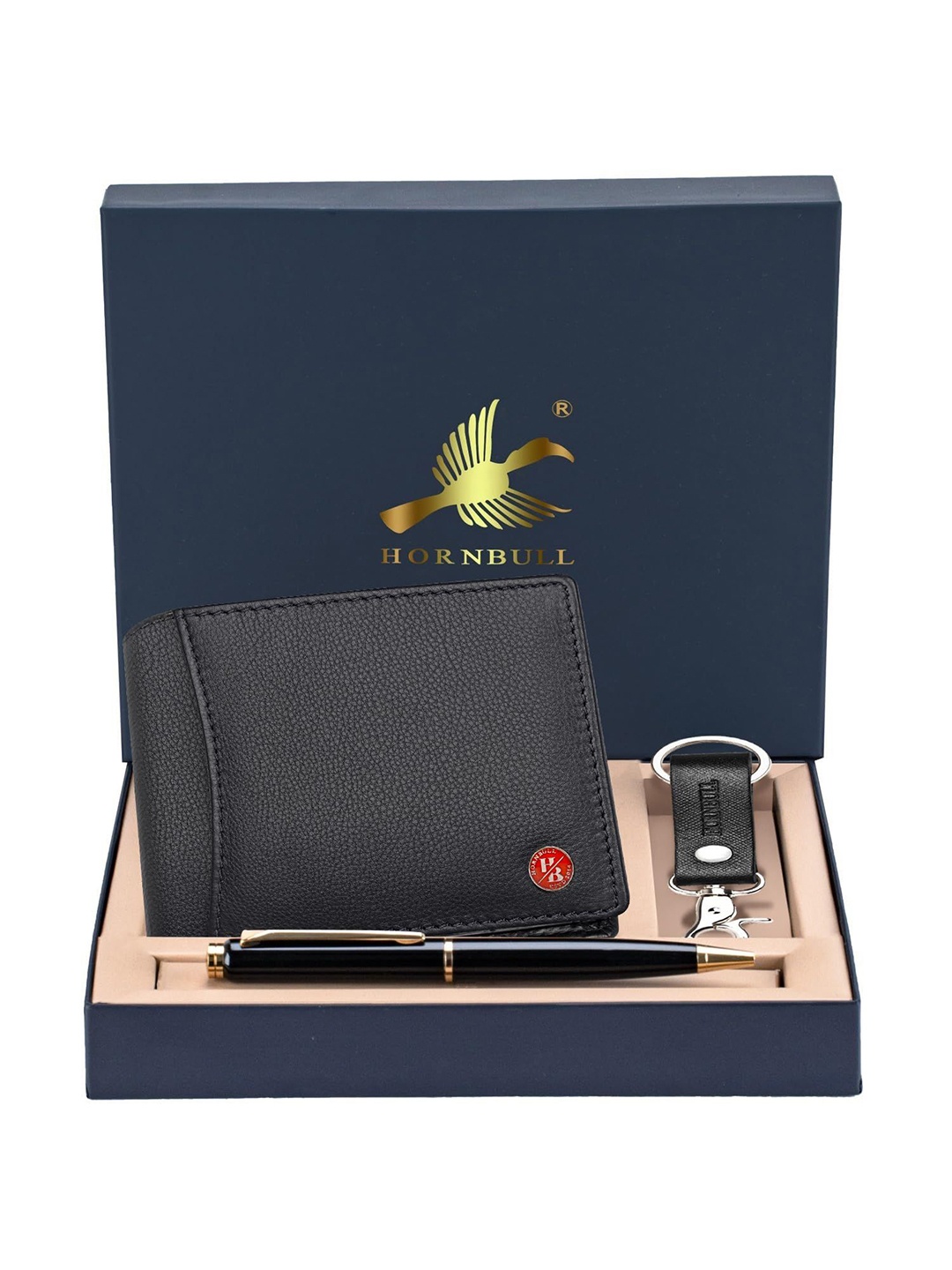 

Hornbull Men Themes Black Leather Wallet, Keyring & Pen Combo Accessory Gift Set