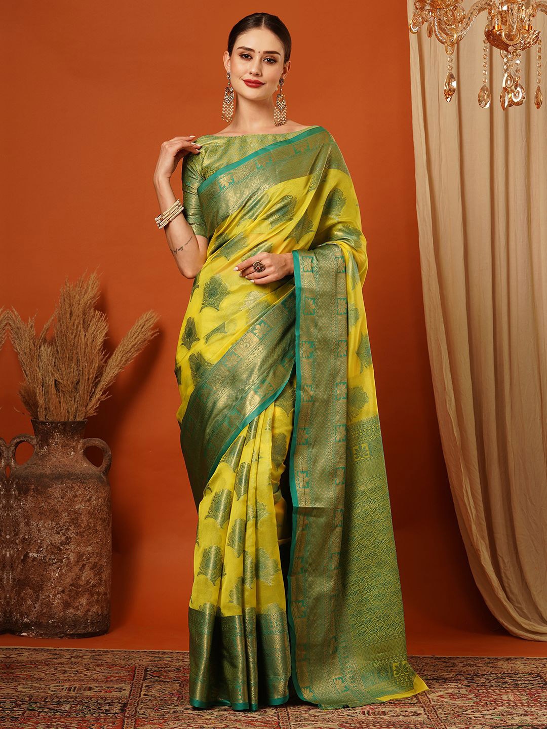 

VILLAGIUS Woven Design Zari Pure Silk Banarasi Saree, Yellow