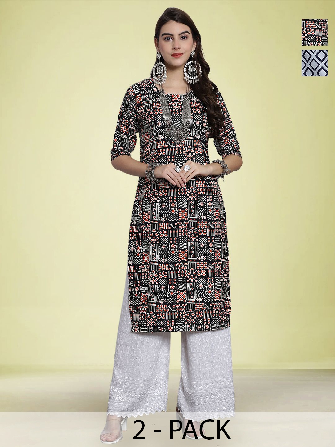 

Moda Rapido Selection Of 2 Geometric Printed Round Neck Straight Kurtas, Black