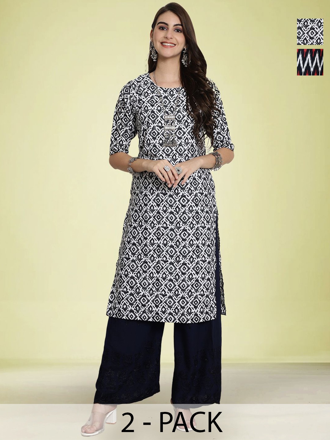 

Moda Rapido Pack Of 2 Ethnic Motifs Printed Straight Kurta, Black