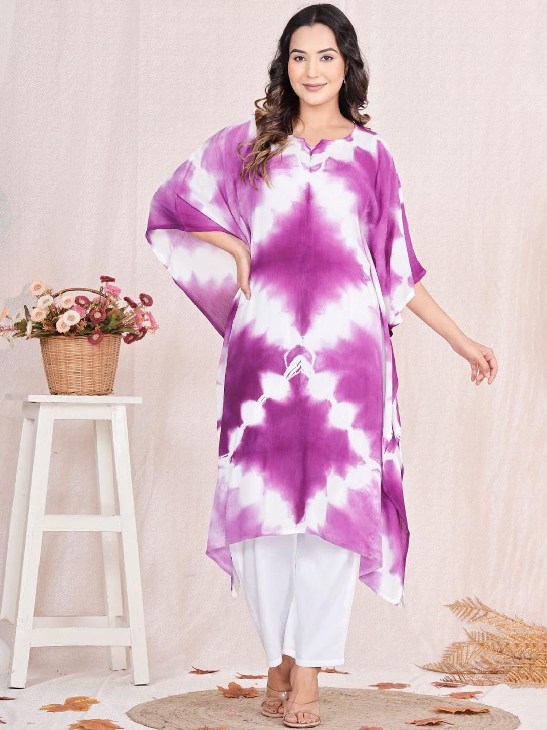 

LYFJ Women Dyed Flared Sleeves Thread Work Asymmetric Crepe Kaftan Kurta, Purple