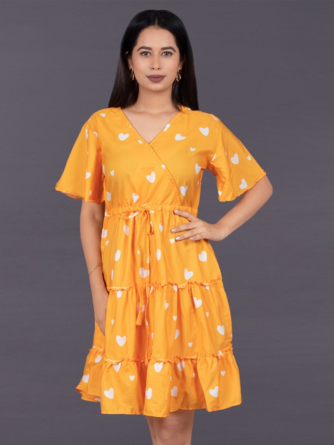 

La Aimee Floral Print Flared Sleeve Crepe Fit & Flare Dress, Yellow