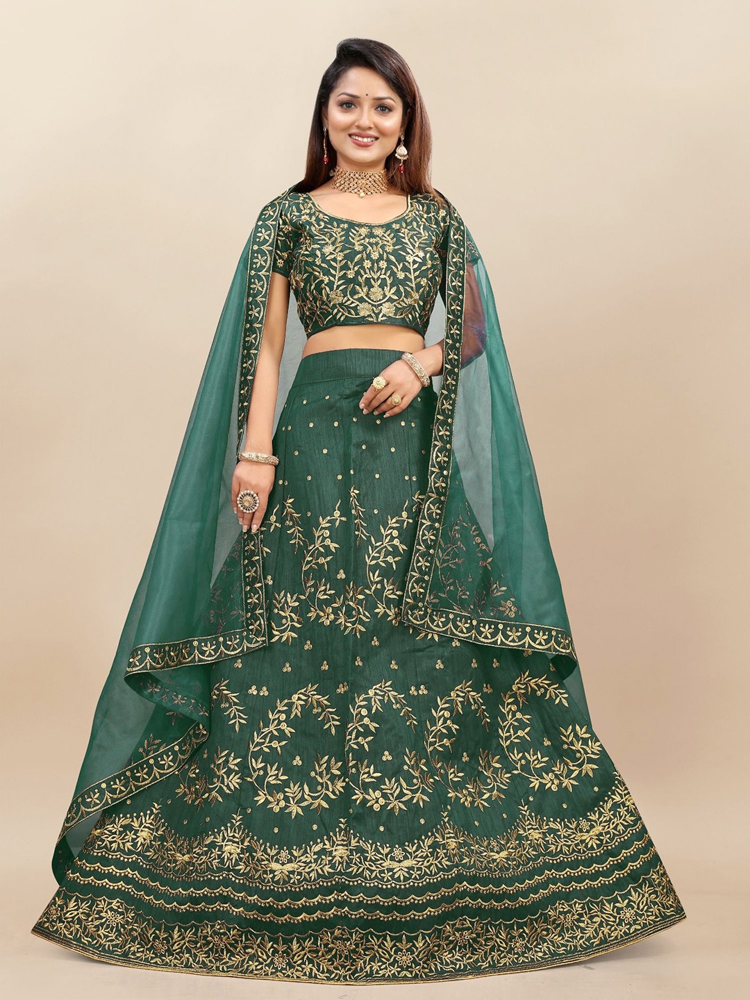 

A TO Z CART Embroidered Thread Work Semi-Stitched Lehenga & Unstitched Blouse With Dupatta, Green