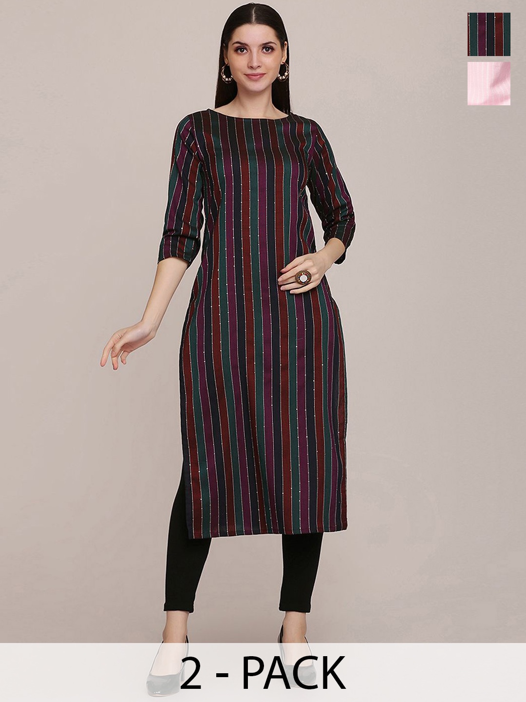 

KALINI Selection Of 2 Striped Boat Neck Cotton Straight Kurtas, Purple