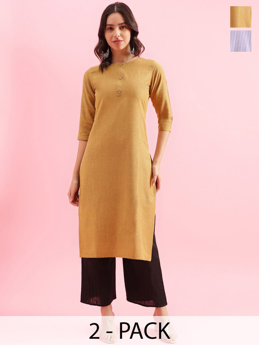 

KALINI Selection Of 2 Round Neck Straight Kurtas, Mustard