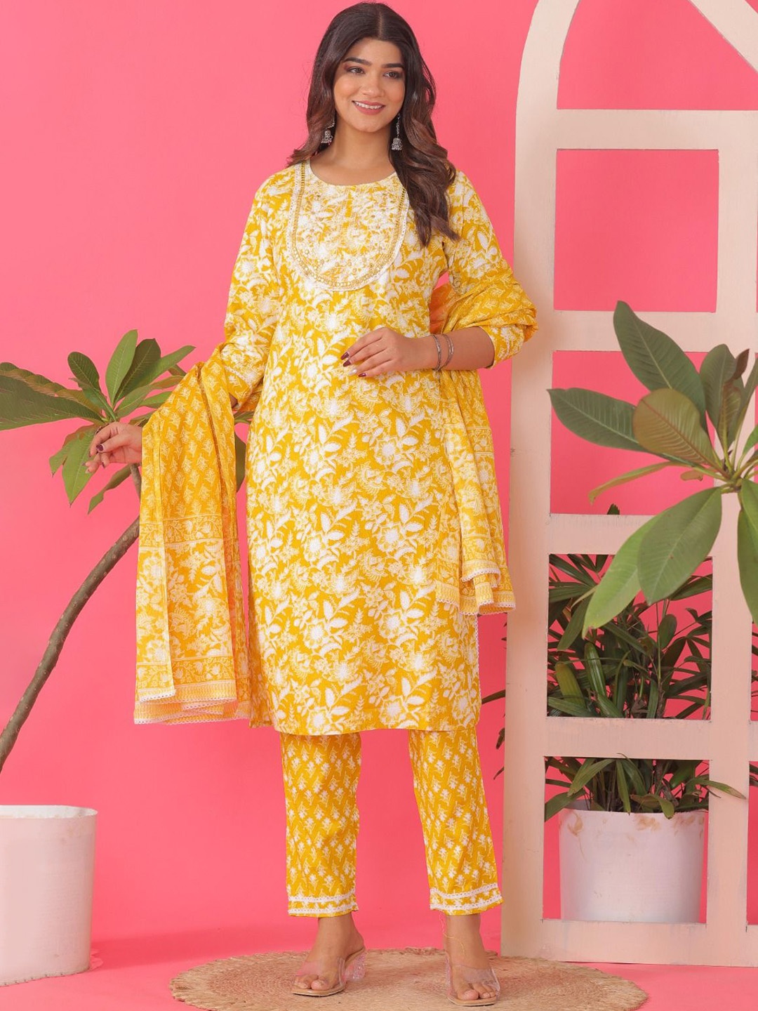 

KALINI Women Floral Printed Regular Pure Cotton Kurta with Trousers & With Dupatta, Mustard