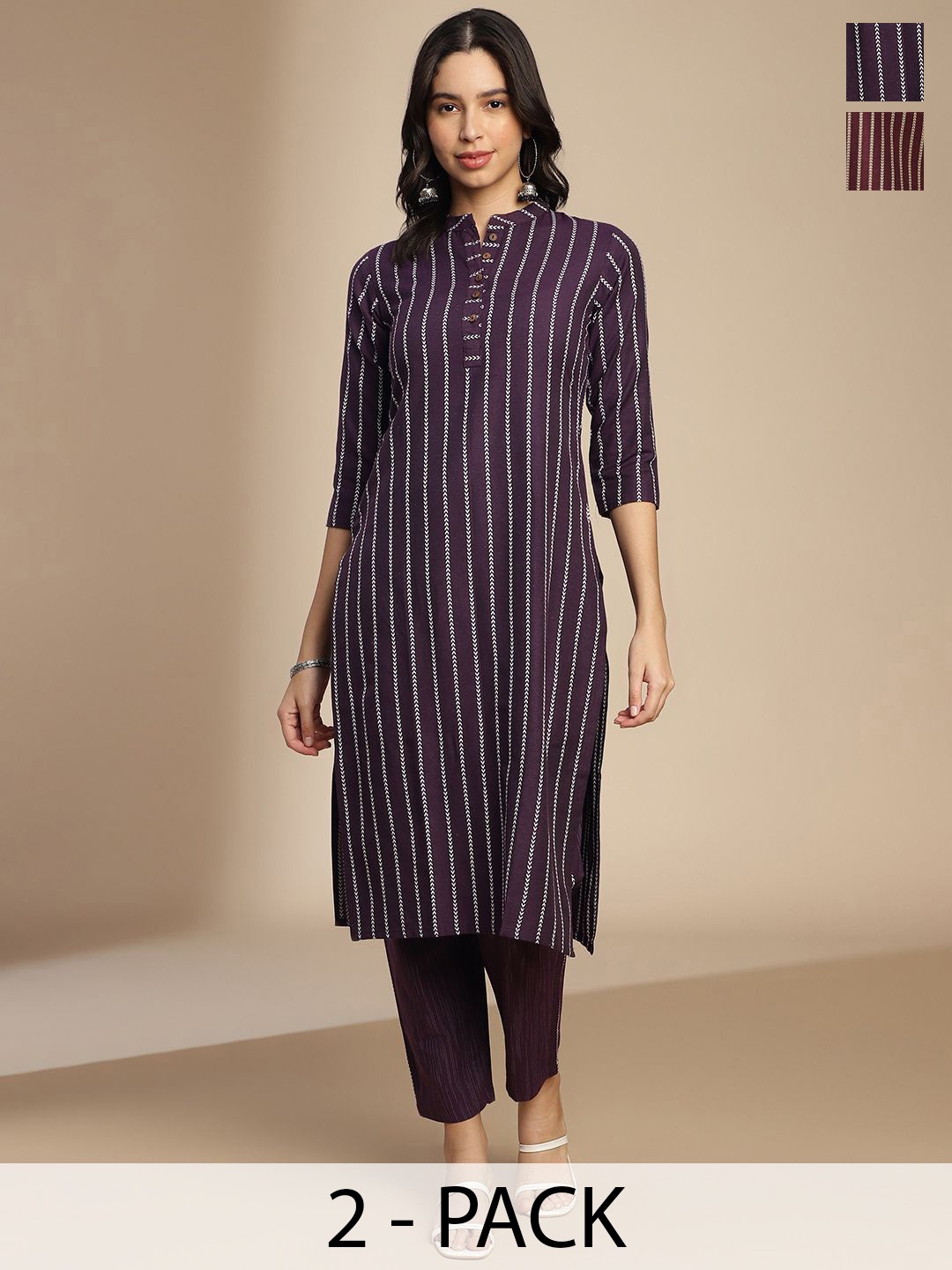 

KALINI Selection Of 2 Striped Woven Design Mandarin Collar Straight Kurta, Violet