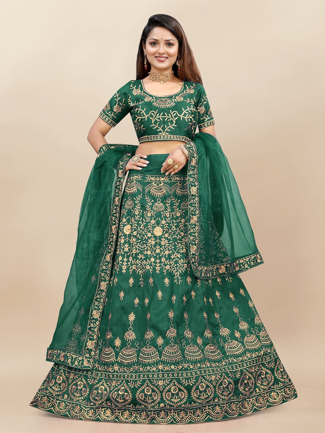 

A TO Z CART Embroidered Thread Work Semi-Stitched Lehenga & Unstitched Blouse With Dupatta, Green