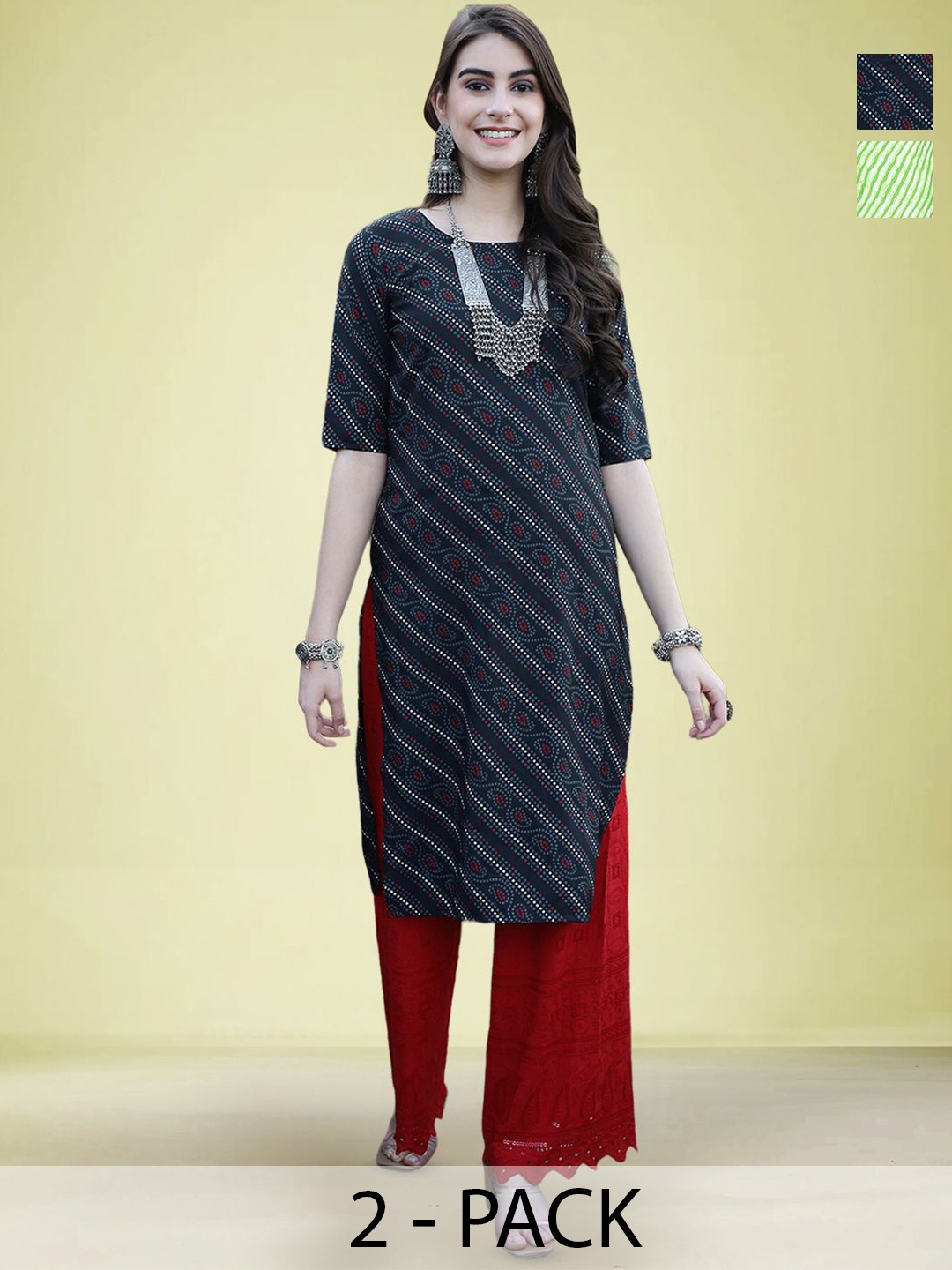 

Moda Rapido Selection Of 2 Ethnic Motifs Printed Straight Kurtas, Green
