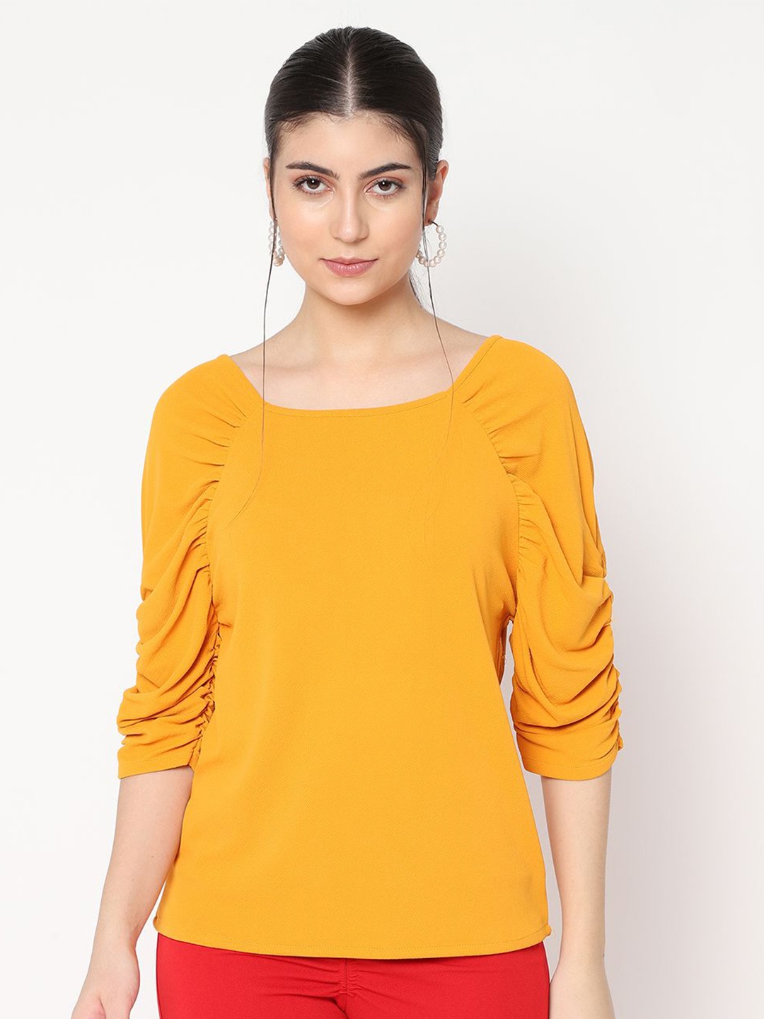 

AVANOVA Women Extended Sleeves Sheen Sheer Boxy Top, Yellow