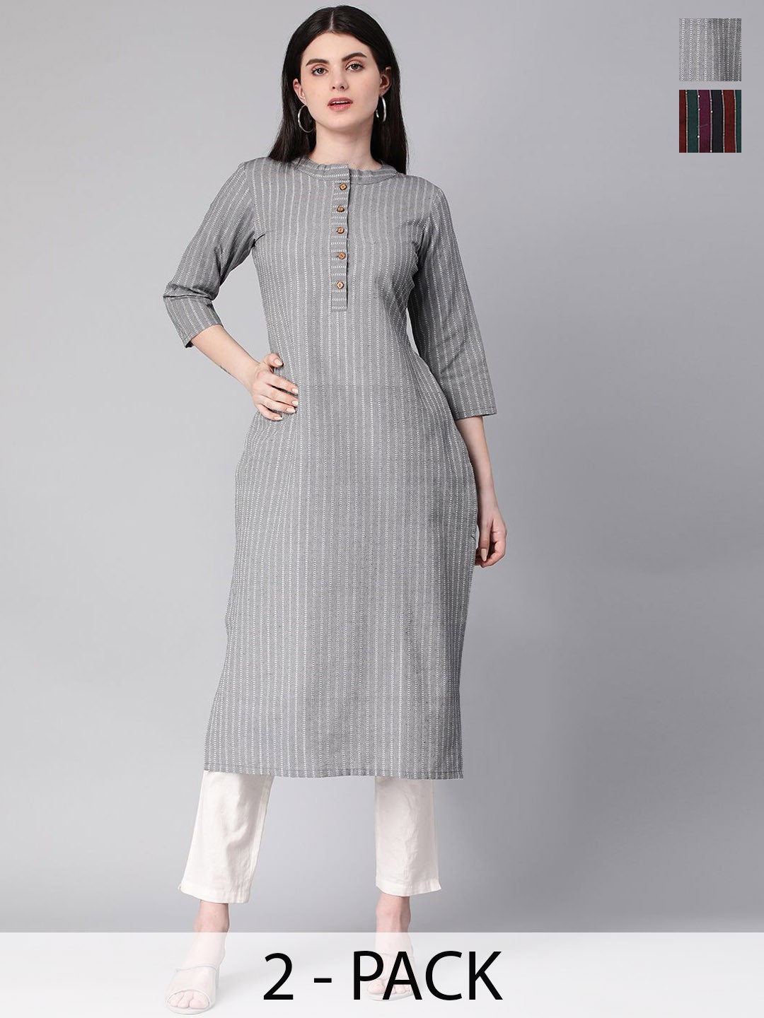 

KALINI Selection Of 2 Striped Mandarin Collar Straight Kurtas, Grey
