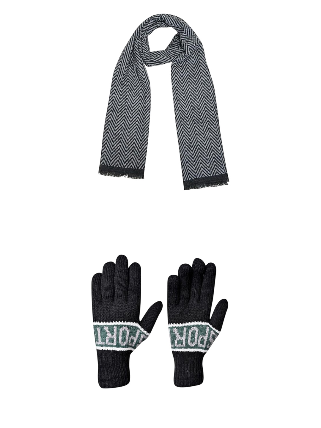

LOOM LEGACY Men Patterned Woollen Winter GloveS With Muffler, Black