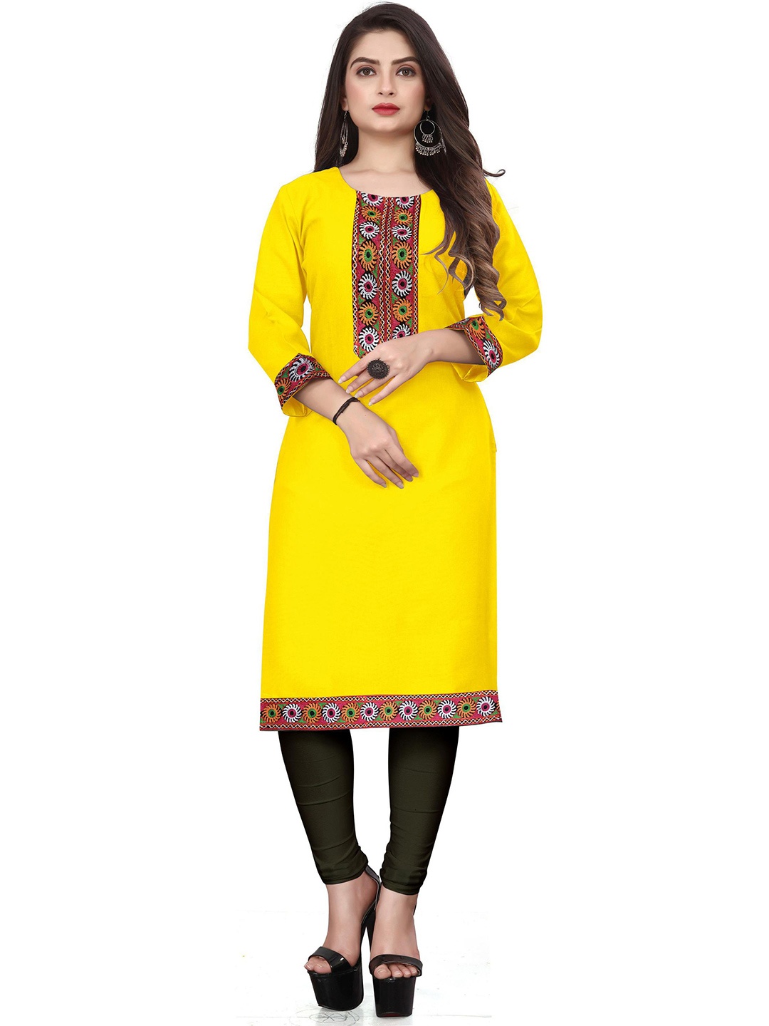 

HF HOLYDAY FASHION Women Ethnic Motifs Embroidered Round Neck Straight Kurta, Yellow