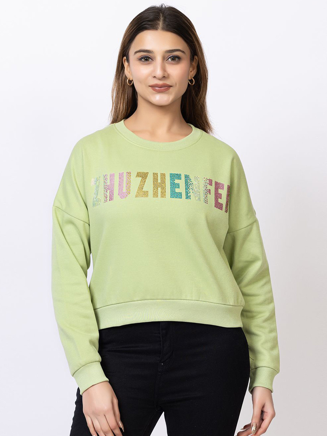 

Navsha Women Embellished Sweatshirt, Green