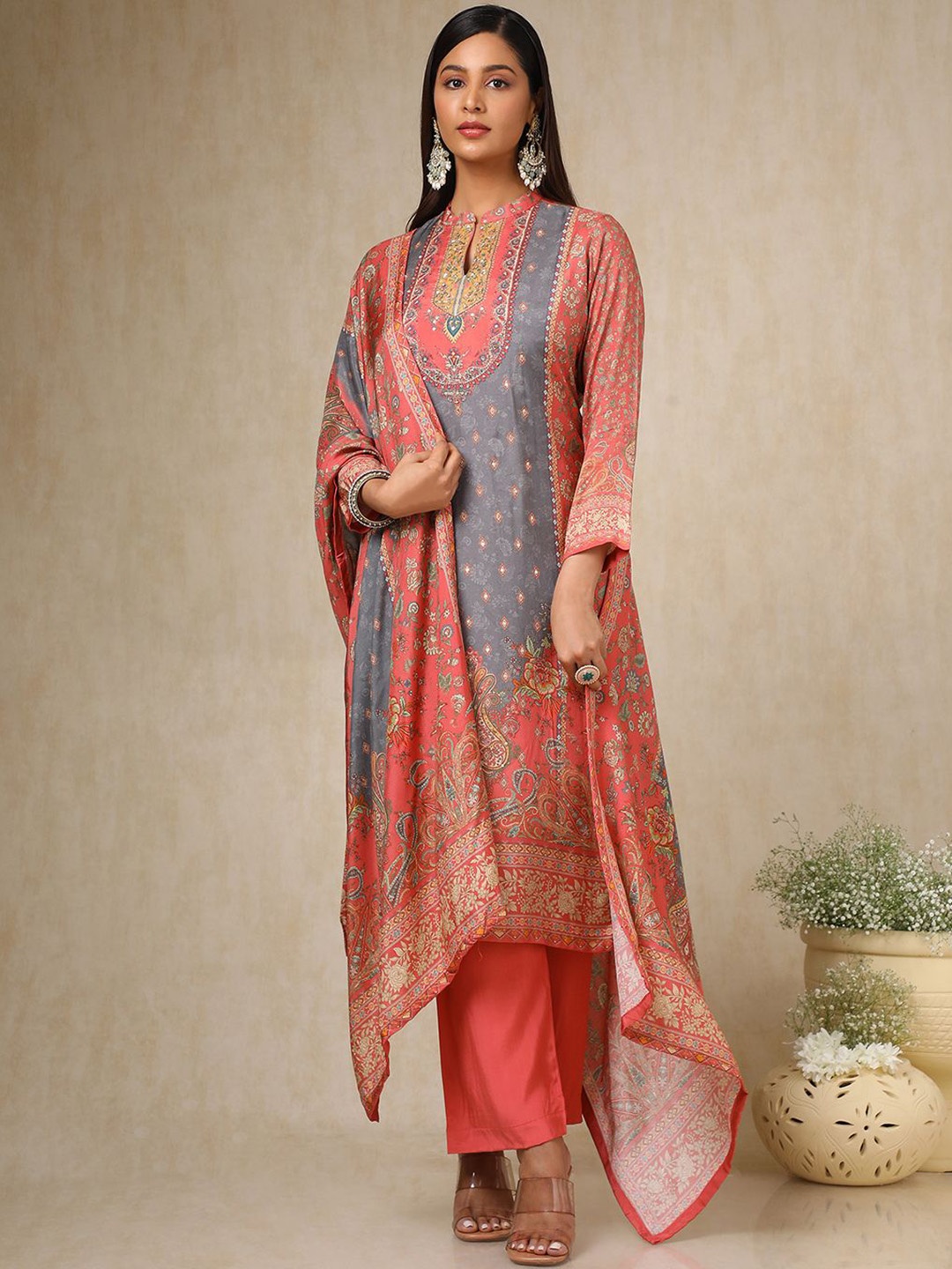 

Soch Women Ethnic Motifs Printed Regular Beads and Stones Kurta with Trousers & With Dupatta, Peach