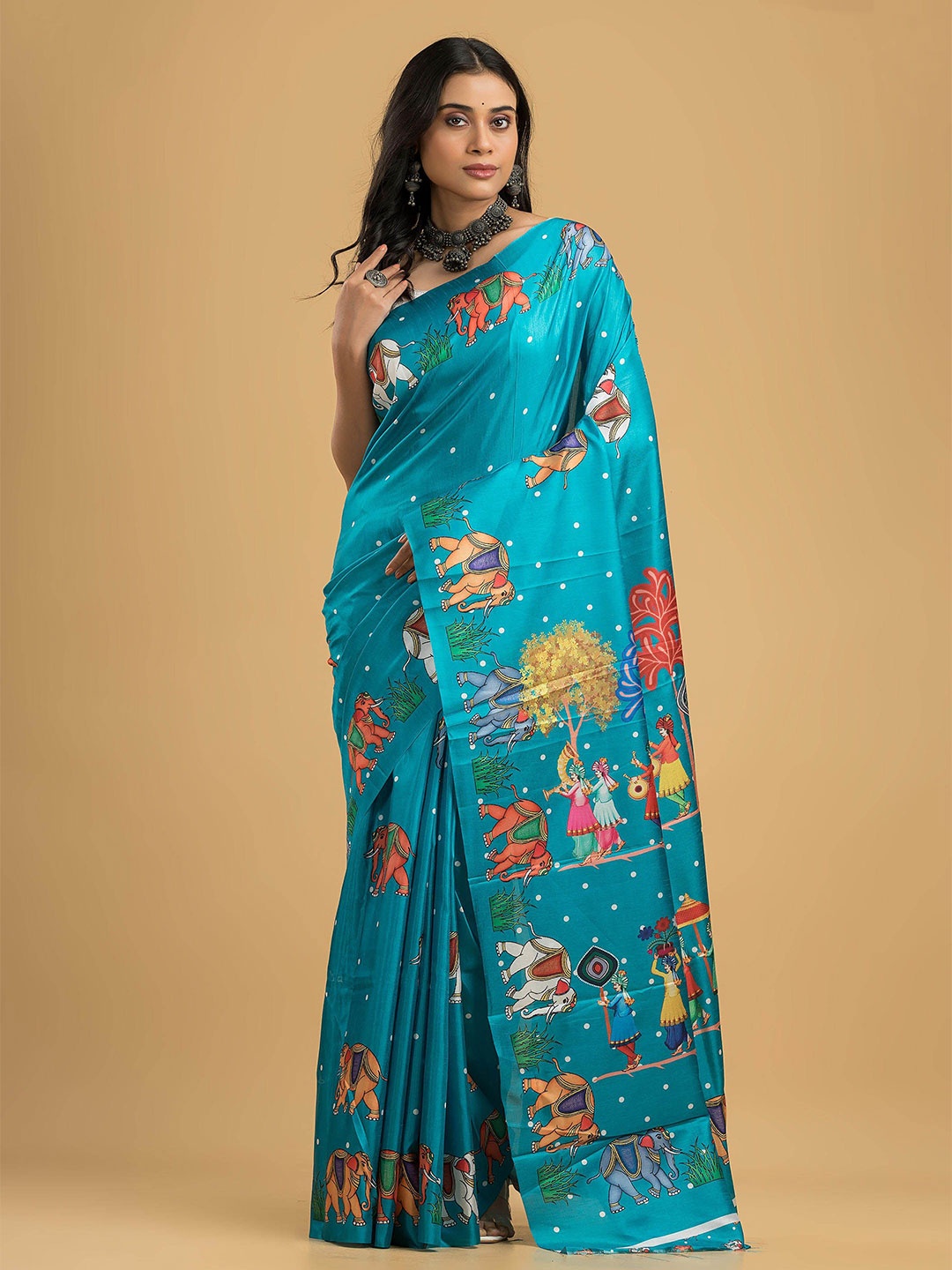 

Dheu Ethnic Motifs Printed Block Print Saree, Blue