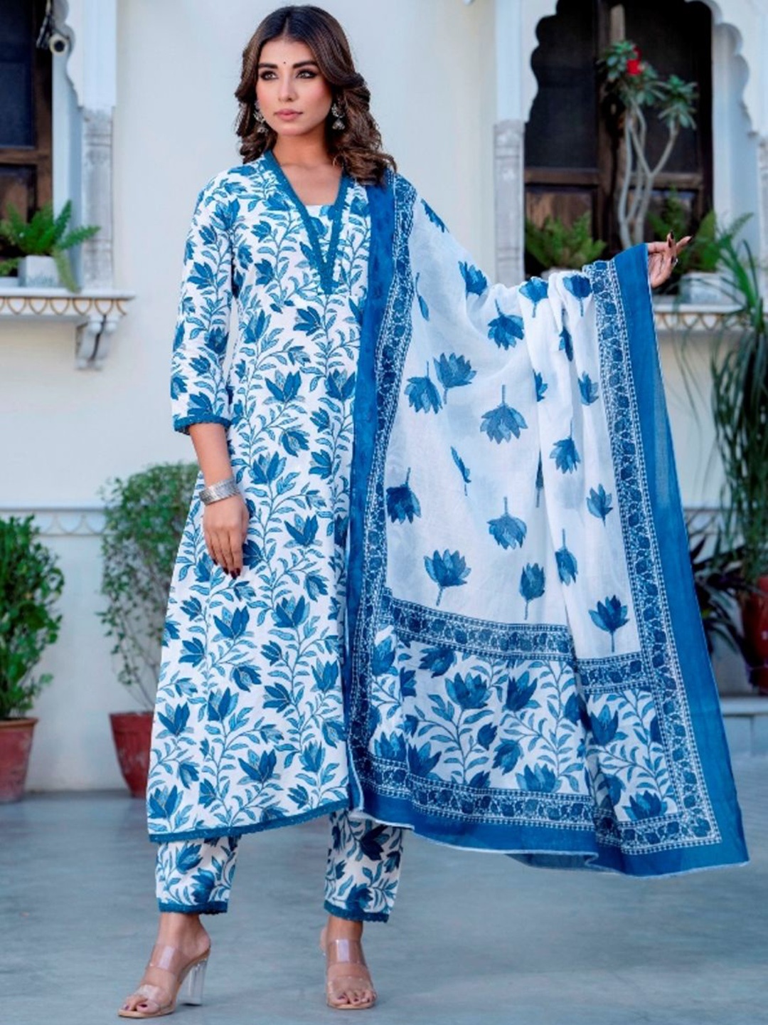 

KALINI Women Floral Printed Pleated Pure Cotton Kurta with Trousers & With Dupatta, Blue