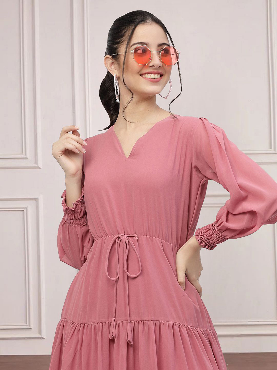 

MISS AYSE V-Neck Cuffed Sleeves Cotton Tiered Fit and Flare Dress, Pink