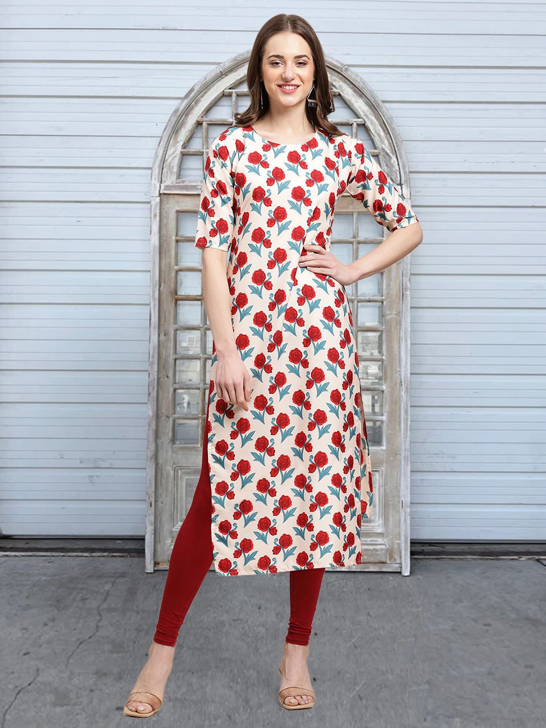 

Moda Rapido Floral Printed Round Neck Straight Kurtas, White