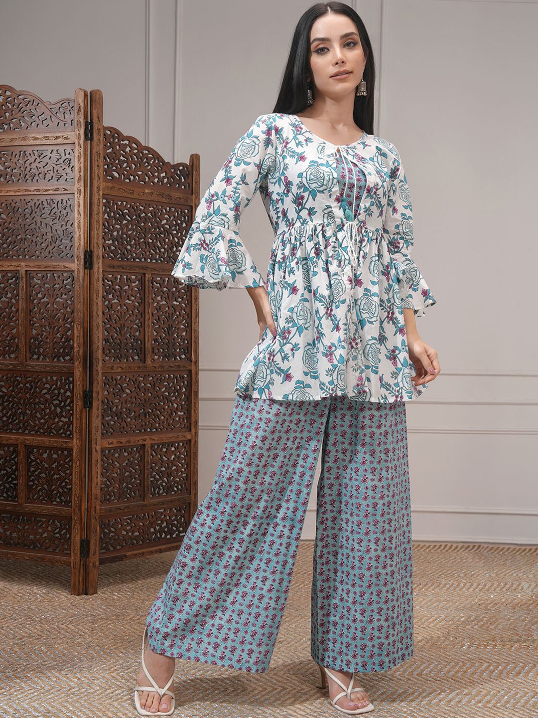 

Vishudh Printed Pure Cotton Tunic With Trouser Co-Ords, White