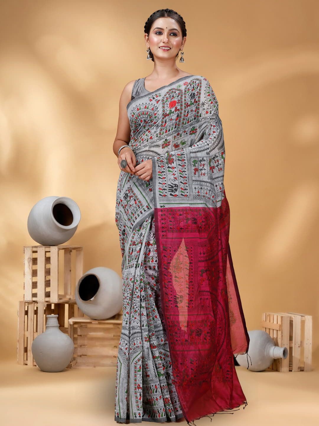 

T.J. SAREES Ethnic Motifs Printed Pure Cotton Block Print Saree, Grey