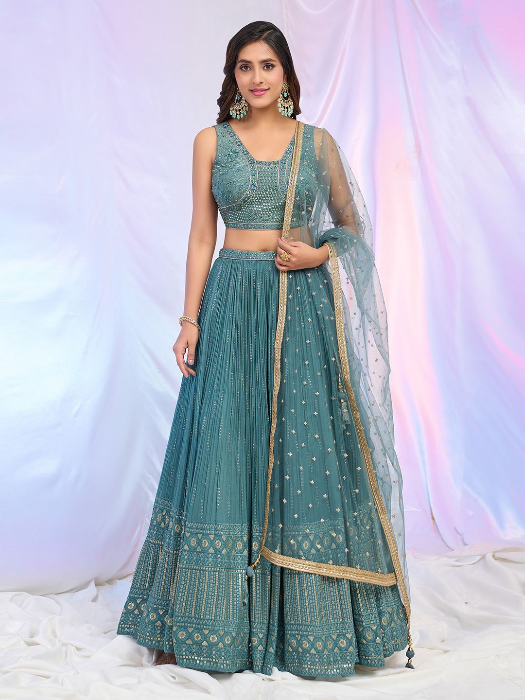 

Alaya Advani Embroidered Mirror Work Ready to Wear Lehenga & Blouse With Dupatta, Blue