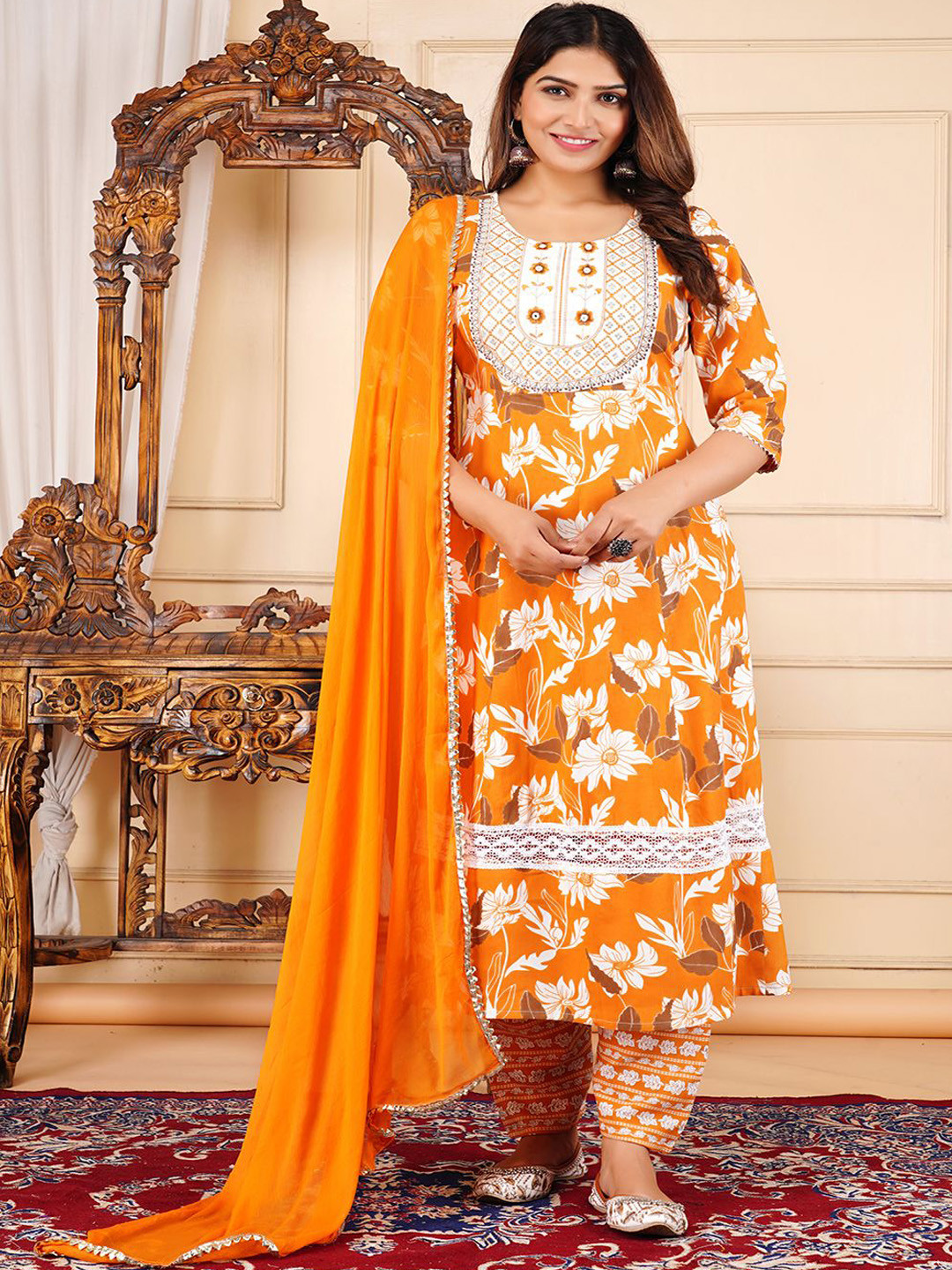 

JD FINISHING Women Floral Printed Tiered Kantha Work Kurti with Palazzos & With Dupatta, Orange