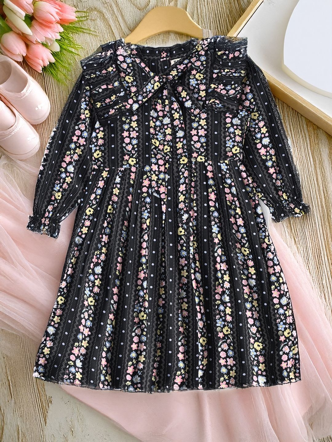 

Bella Moda Girls Cotton Shirt Collar Floral Printed Dress, Black