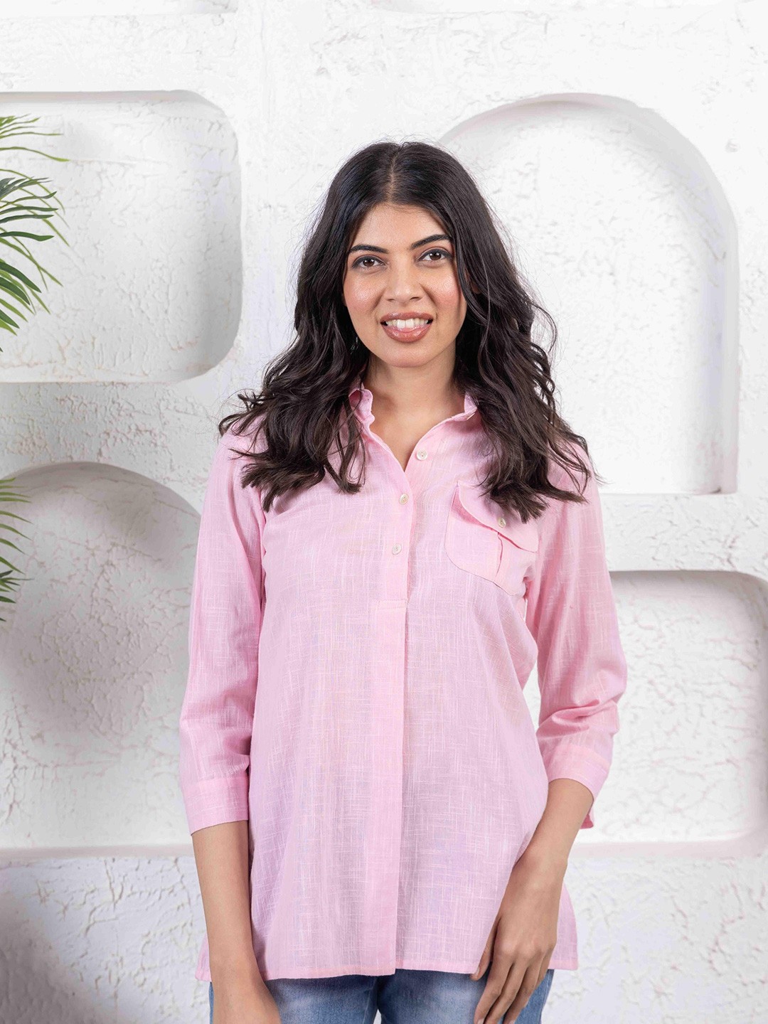 

INAAYA JAIPUR Women Shirt Collar Cotton Shirt Style Top, Pink