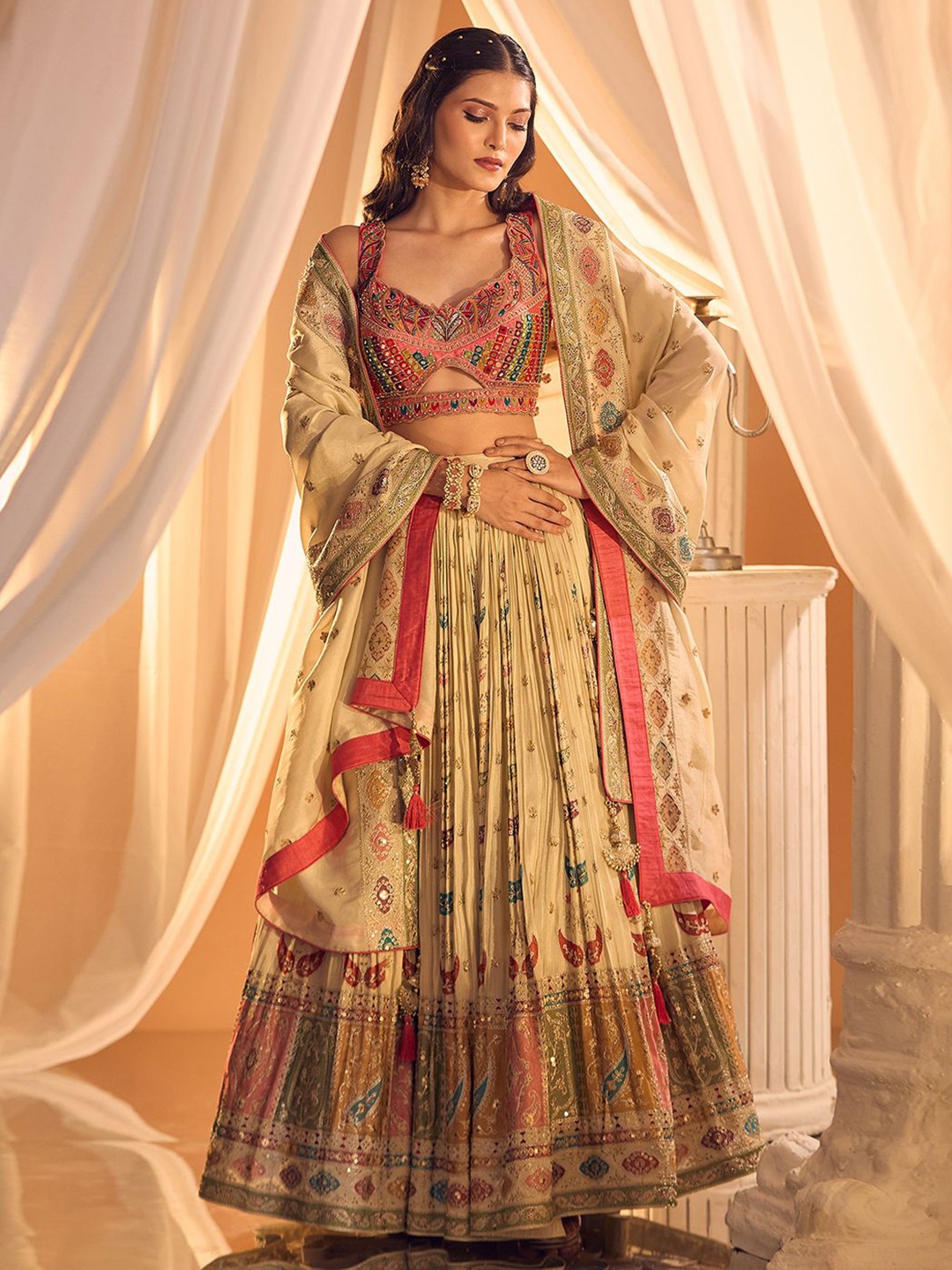 

Alaya Advani Embroidered Mirror Work Ready to Wear Lehenga & Blouse With Dupatta, Cream