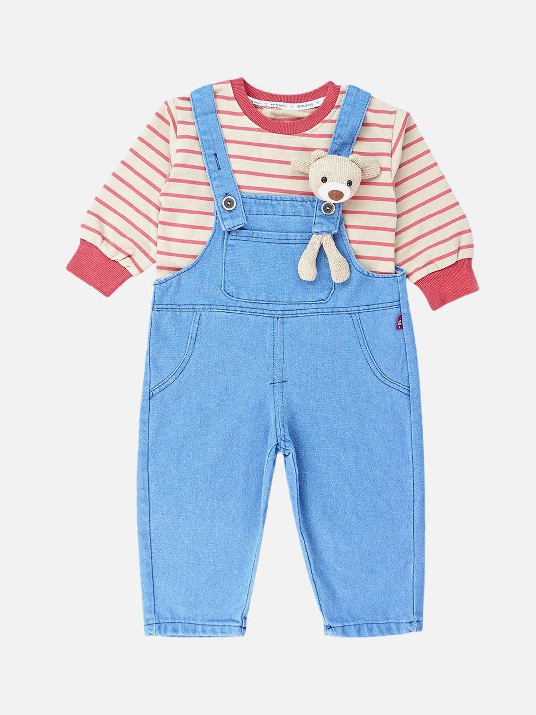 

Little Surprise Box LLP Brown Tee Long Teddy Toy Dungarees Set
