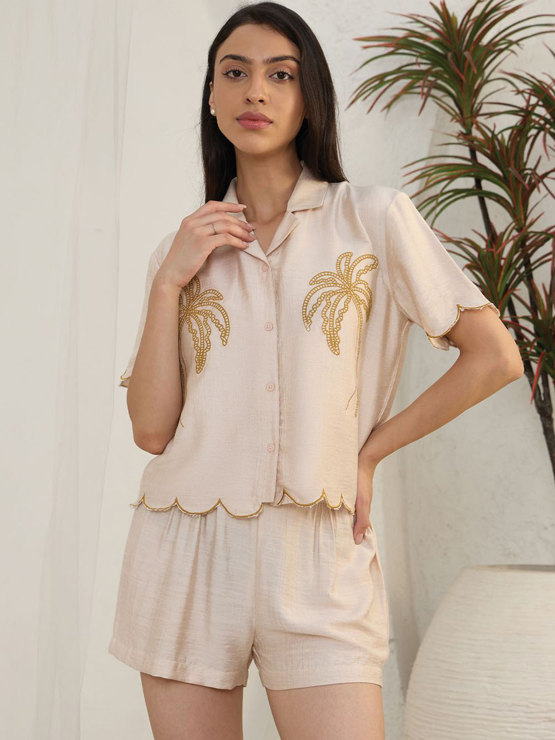 

Sweet Dreams Women Printed Lapel Collar Night Suit, Beige